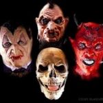 Four creepy Halloween masks with a skull and demonic faces.