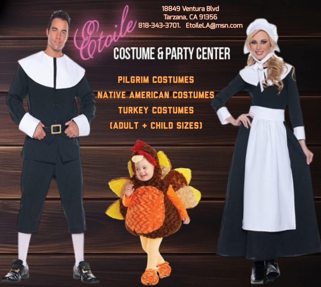 Pilgrim and turkey family costume advertisement