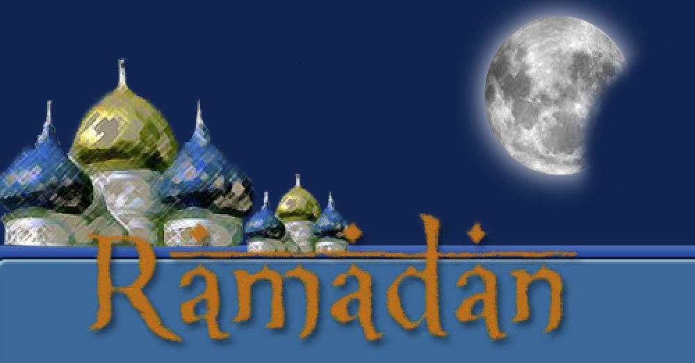 Colorful mosque domes under a full moon with 'Ramadan' text.
