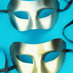 Two elegant silver Venetian masks on a blue background.