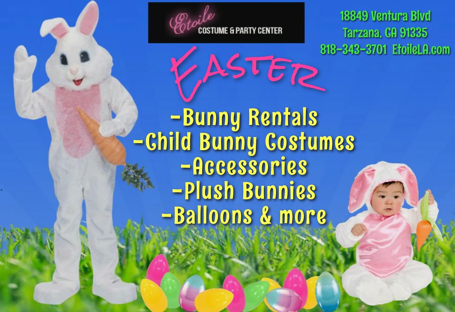 Colorful Easter advertisement with bunny rentals and accessories.