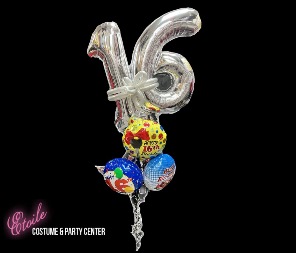 16th Birthday Balloon Bouquet Arrangement. Silver number 16. Standard Happy Birthday Balloons.